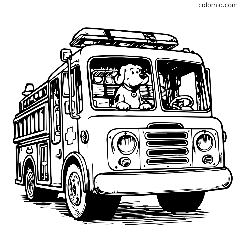 Eine schwarz-weiße Malvorlage mit einem Feuerwehrauto und einem Hund am Steuer.
