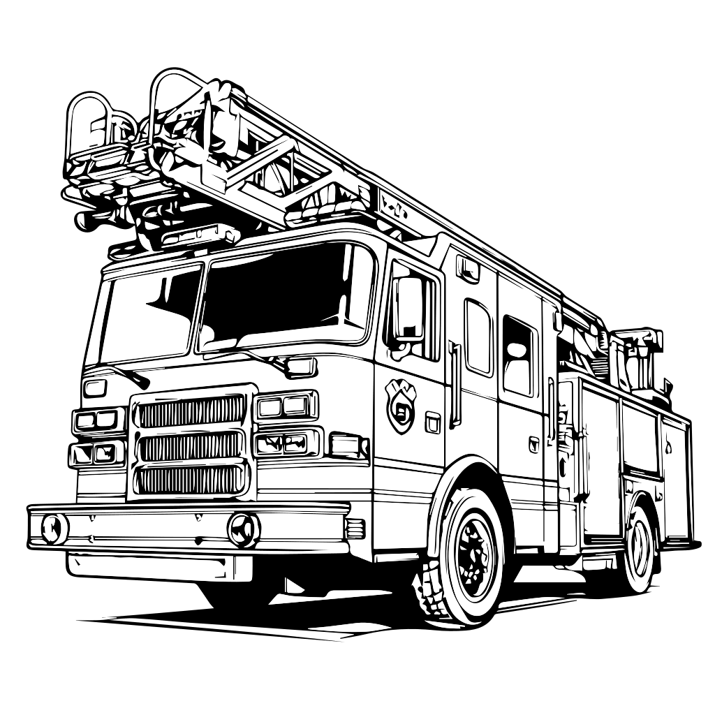 Eine detaillierte Umrisszeichnung eines Feuerwehrautos zum Ausmalen, mit Leiter und Einsatzlichtern.