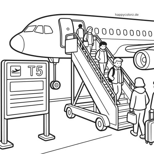 Schwarz-weiße Szene am Flughafengate T5: Passagiere steigen über eine Treppe in ein Flugzeug ein, einige warten mit Gepäck.
