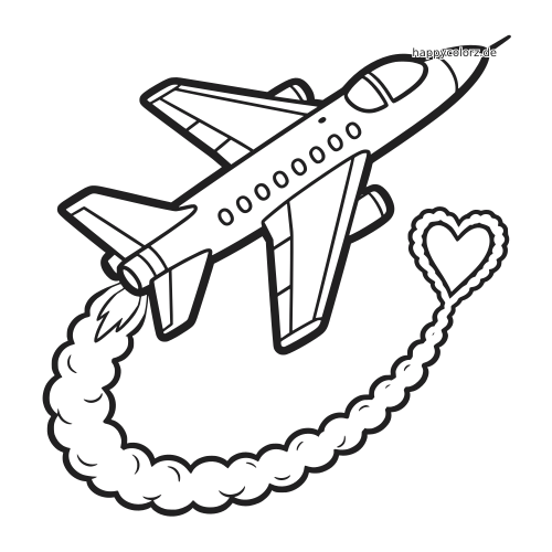 Ein Düsenflugzeug im einfachen Comicstil fliegt nach oben und hinterlässt eine geschwungene Flugspur in Herzform.