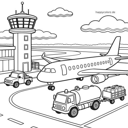 Eine Flughafenszene mit Passagierflugzeug, Kontrollturm, Tankwagen, kleinem Pickup und Gepäckanhänger als einfache Linienzeichnung.