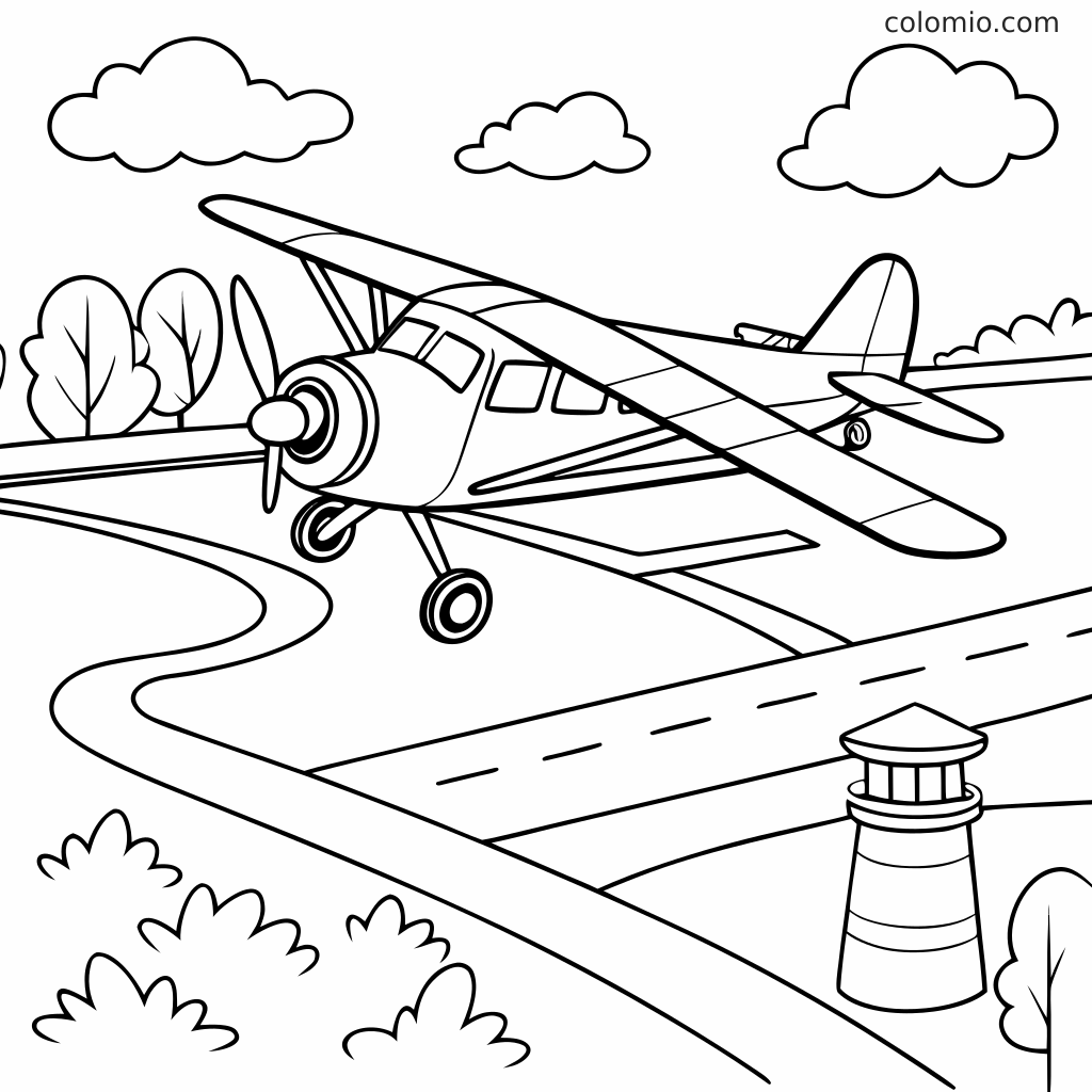 Ausmalbild eines kleinen Flugzeugs, das nahe einer Flughafen-Startbahn geparkt ist, mit Wolken, Bäumen, Büschen und einem sichtbaren Kontrollturm.