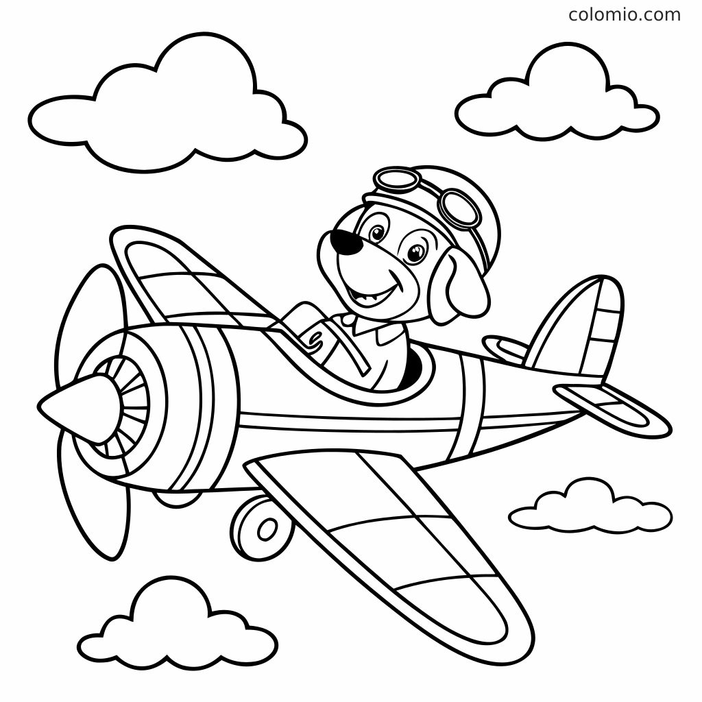 Ein Hund mit Fliegerbrille sitzt in einem kleinen Propellerflugzeug und fliegt zwischen mehreren Wolken in einer einfachen Linienzeichnung.