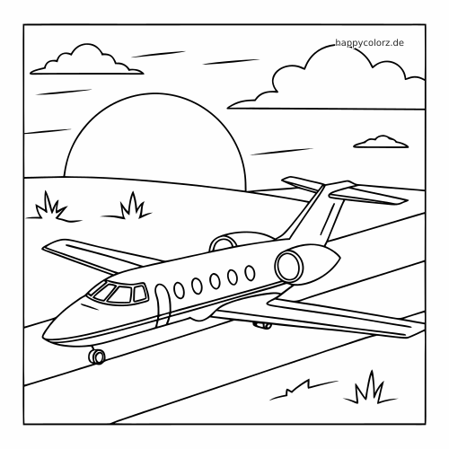 Ein Privatjet steht auf einer Startbahn vor einem großen Sonnenuntergang, gezeichnet als einfache Linienzeichnung mit Wolken.