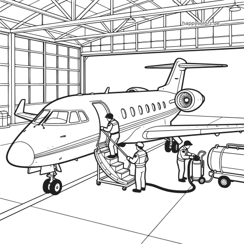 Ein Privatjet steht in einem Hangar, während die Bodencrew ihn mit Treppe, Tankschlauch und Servicewagen vorbereitet.
