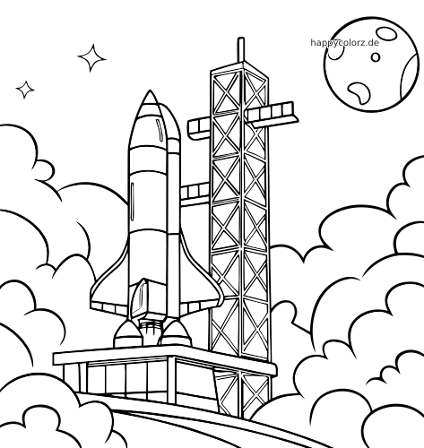 Eine Rakete im Comicstil steht neben einem Startturm, umgeben von Rauchwolken, Sternen und einem Mond am Himmel.