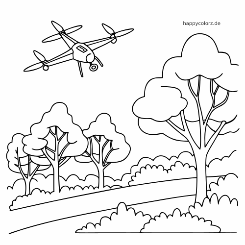 Eine Quadrocopter-Drohne fliegt schräg über einen Parkweg mit hohen Bäumen und Büschen in einer schwarz-weißen Umrisszeichnung.