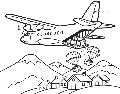 Ein Transportflugzeug mit geöffneter Laderampe wirft Kisten an Fallschirmen über einem kleinen Bergdorf ab.