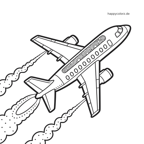Ein detailliertes Düsenflugzeug steigt schräg nach oben, mit gemusterten Fenstern und dicken Kondensstreifen in einer Schwarz-Weiß-Zeichnung.