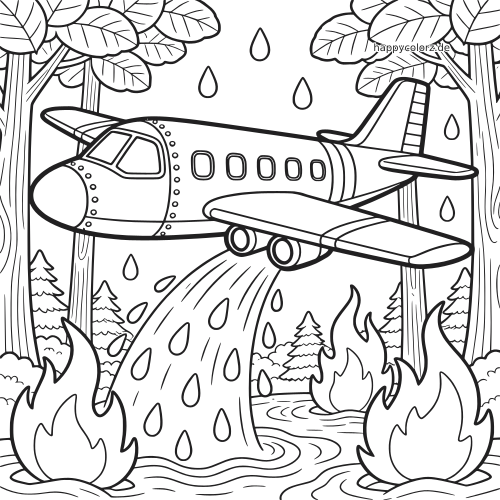 Ein Löschflugzeug fliegt zwischen hohen Bäumen und wirft Wasser auf Flammen in einem Waldbrand.