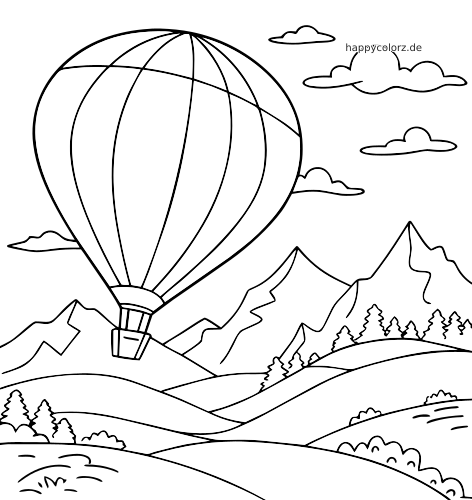 Ein detaillierter Heißluftballon schwebt über Bergen, Wolken, Bäumen und sanften Hügeln in einer Landschaft als Linienzeichnung.