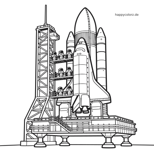 Eine detaillierte Rakete steht auf der Startrampe neben einem hohen Serviceturm, während mehrere Astronauten über Plattformen einsteigen.