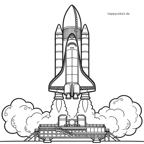 Eine detaillierte Rakete startet von der Startrampe, mit großen Rauchwolken und Frontalansicht des Raumfahrzeugs.