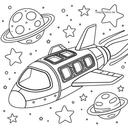 Ein detailliertes Raumschiff fliegt im Weltraum zwischen Sternen und Planeten mit Ringen in einer schwarz-weißen Linienzeichnung.