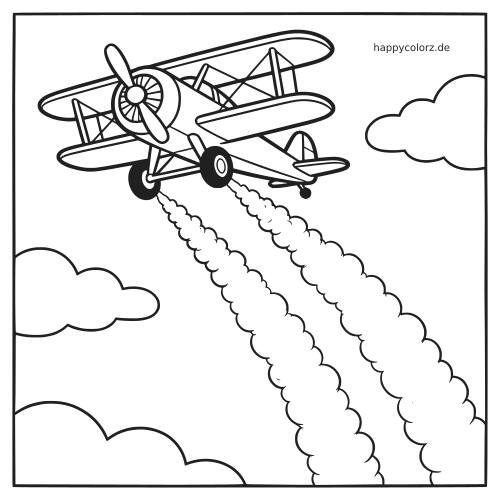 Schwarz-weißes Ausmalbild eines fliegenden Doppeldeckers mit zwei dicken Rauchspuren und Wolken am Himmel.