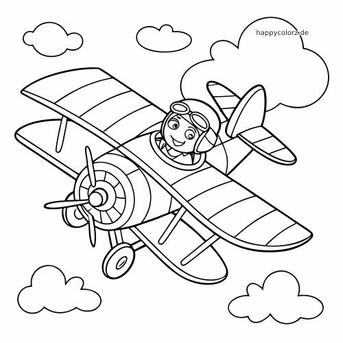 Ein einfacher gezeichneter Doppeldecker mit lächelndem Piloten fliegt zwischen großen Wolken in einem klaren Ausmalstil.