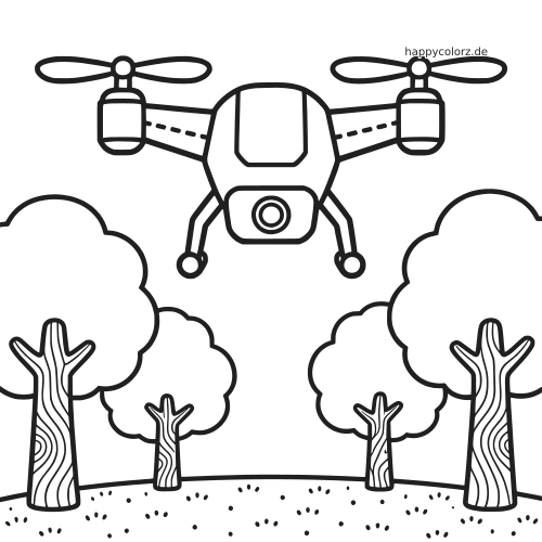 Eine einfache Quadrocopter-Drohne schwebt von vorn gesehen über mehreren runden Bäumen in einem Park, als klare Schwarz-Weiß-Zeichnung.