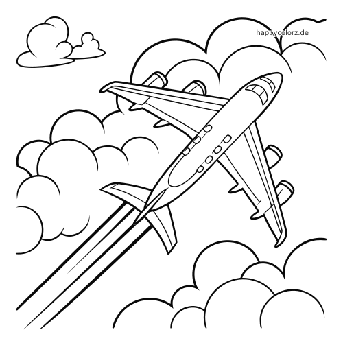 Ein einfaches Düsenflugzeug steigt zwischen großen Wolken nach oben und hinterlässt lange Kondensstreifen in klaren schwarzen Umrissen.