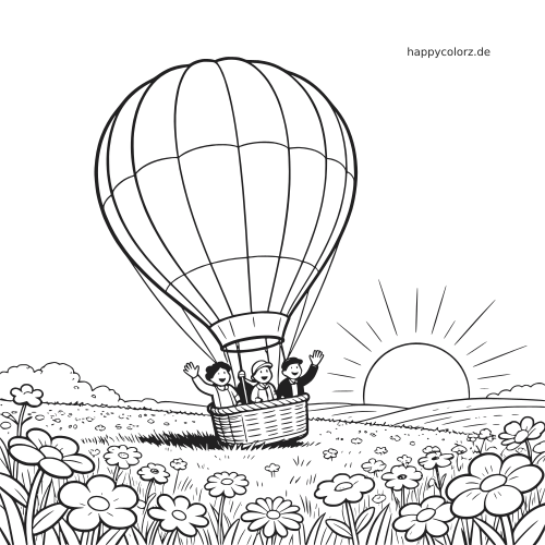Einfaches Linienbild eines Heißluftballons in einer Blumenwiese bei Sonnenaufgang, mit drei winkenden Personen im Korb.