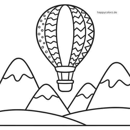 Ein einfacher Heißluftballon mit gemusterten Streifen schwebt über mehreren runden Bergen und sanften Hügeln.