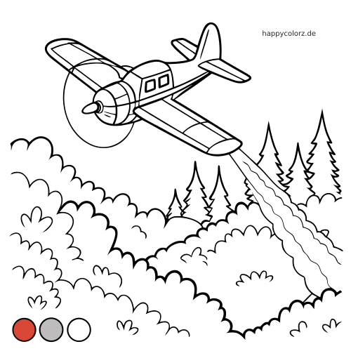 Ein einfaches Löschflugzeug mit Propeller fliegt über Büsche und Tannen und lässt Wasser über dem Wald ab.