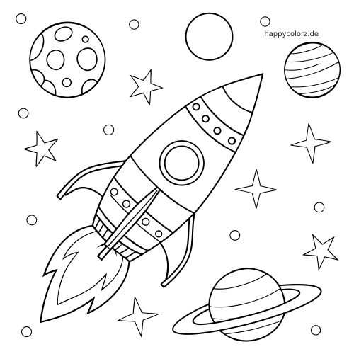 Eine einfache Rakete fliegt durch den Weltraum, umgeben von Sternen und mehreren Planeten in klaren schwarzen Umrissen.