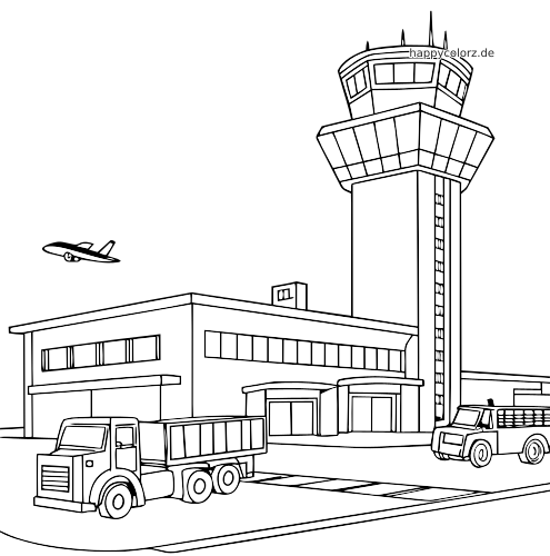 Ein Flughafen in Linienzeichnung mit hohem Kontrollturm, Terminalgebäude, zwei Service-Lkws und einem kleinen Flugzeug am Himmel.