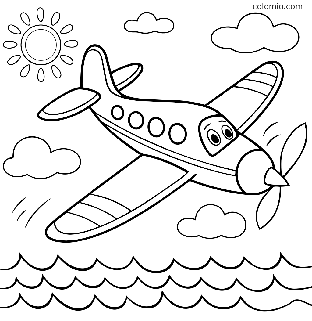Eine Ausmalseite mit einem Cartoon-Flugzeug zeigt ein Propellerflugzeug, das über Meereswellen fliegt, mit Wolken und einer Sonne am Himmel.