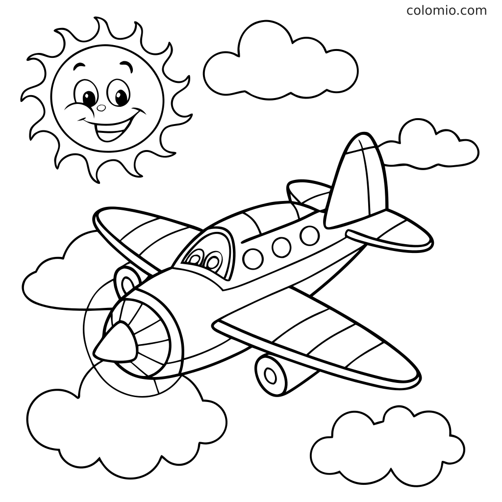 Ausmalbild mit einem Propellerflugzeug, das zwischen Wolken fliegt, mit einer lächelnden Sonne am Himmel.