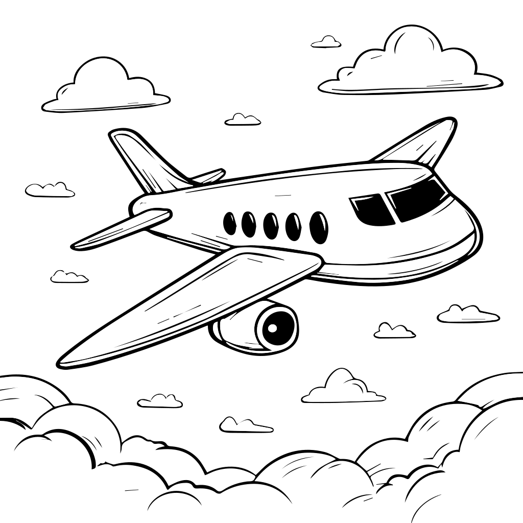 Eine einfache Umrisszeichnung eines Flugzeugs, das durch Wolken fliegt, perfekt zum Ausmalen.