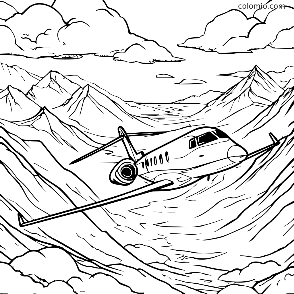 Malvorlage Flugzeug über Berglandschaft Eine Malvorlage mit einem Flugzeug, das über eine bergige Landschaft mit Wolken fliegt.