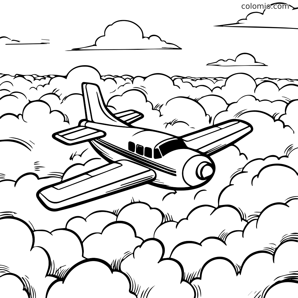 Eine schwarz-weiße Illustration eines Flugzeugs, das durch flauschige Wolken fliegt, perfekt zum Ausmalen.