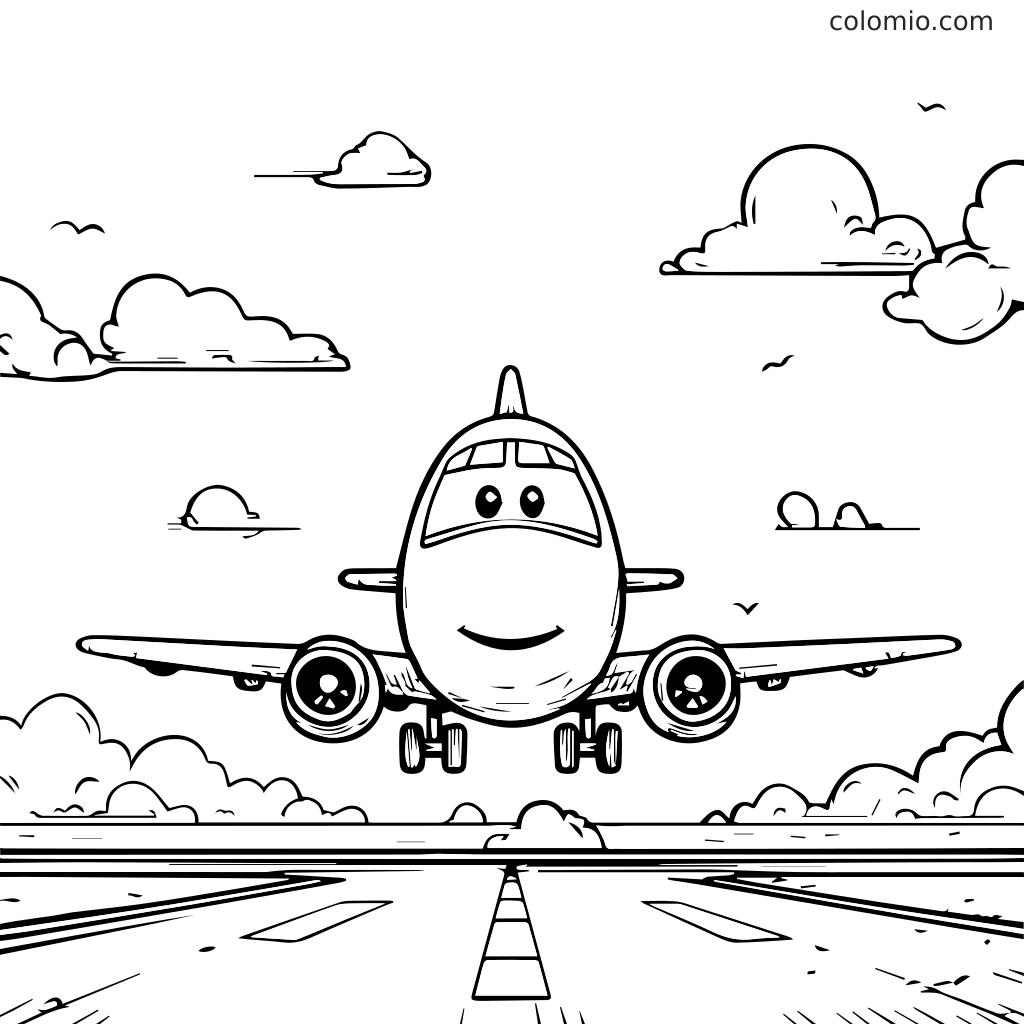 Ein lächelndes Cartoon-Flugzeug fliegt über eine Landebahn mit Wolken am Himmel, zum Ausmalen gestaltet.