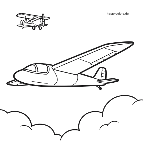 Einfache Linienzeichnung eines Segelflugzeugs am Himmel mit einem kleinen Schleppflugzeug darüber und Wolken darunter.