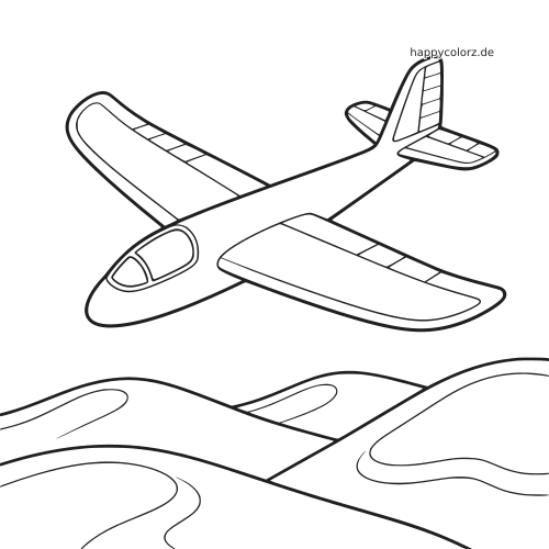 Einfache Linienzeichnung eines Segelflugzeugs aus schräger Vogelperspektive, das über sanften, welligen Hügeln fliegt.