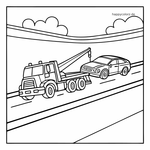 Ein Abschleppwagen zieht auf einer breiten Autobahn ein Auto ab; darüber sind Wolken und Fahrbahnmarkierungen zu sehen.