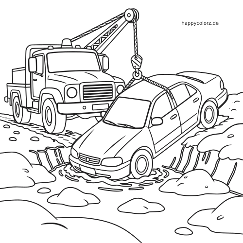 Schwarz-weißes Ausmalbild mit einem Abschleppwagen, der ein Auto mit Seil aus einem verschneiten Graben mit Wasser zieht.