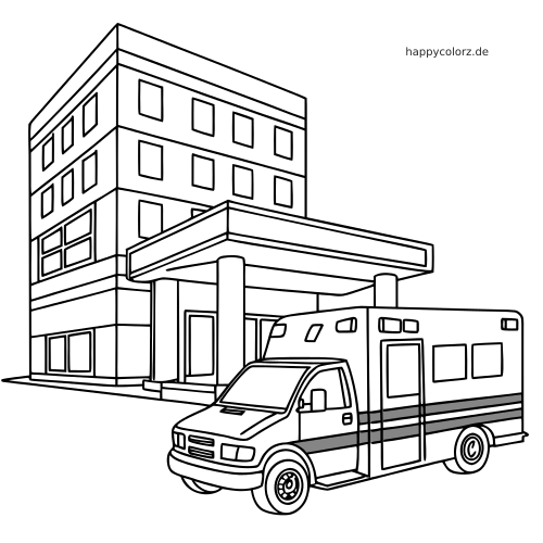 Ein Krankenwagen steht im einfachen Umrissstil unter dem Vordach am Eingang eines mehrstöckigen Krankenhauses.