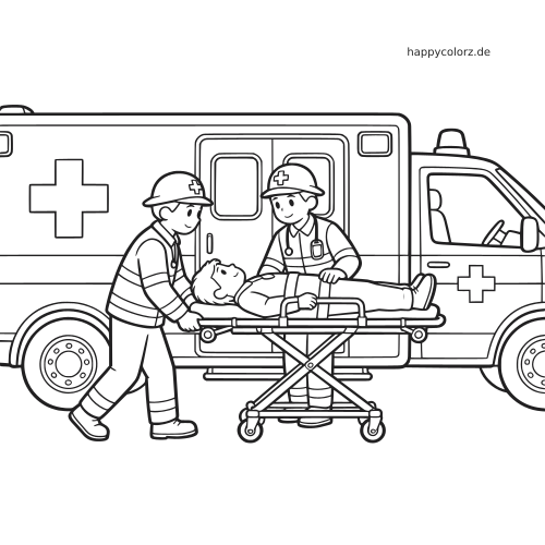 Zwei Sanitäter schieben einen Patienten auf einer Trage neben einem Krankenwagen in einer einfachen Cartoonszene.