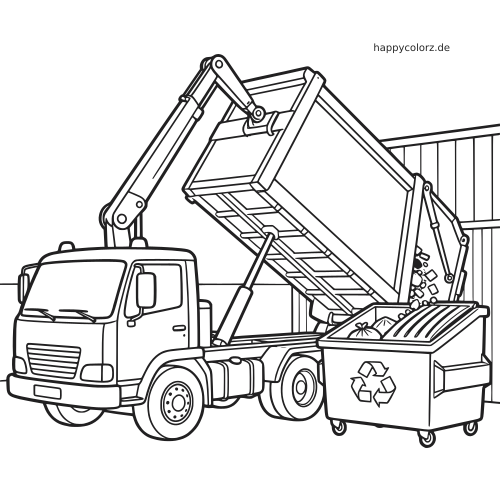 Ein Müllwagen mit angehobener Ladefläche kippt Abfall in einen Recyclingcontainer auf einem Recyclinghof.
