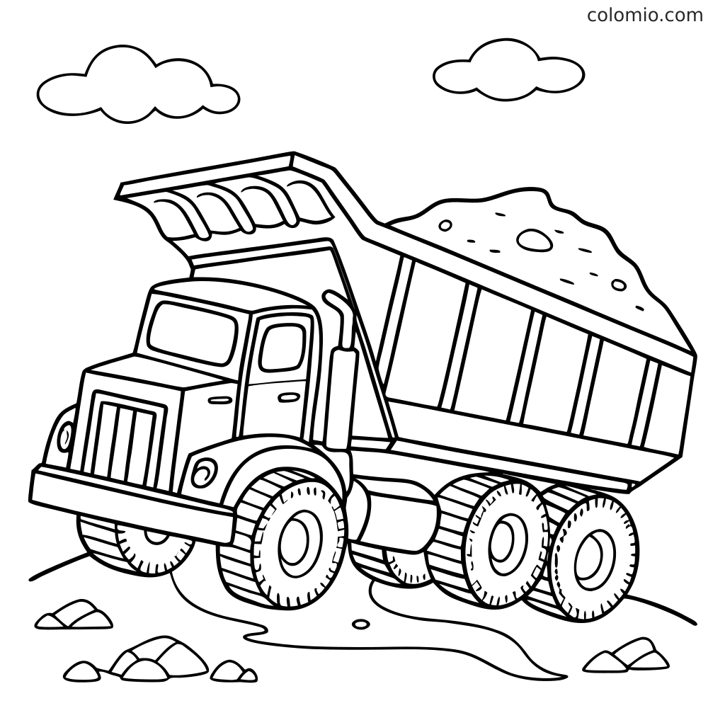 Eine Ausmalseite mit einem großen Baustellen-Lkw mit angehobener, mit Erde gefüllter Ladefläche, Steinen auf dem Boden und zwei Wolken darüber.
