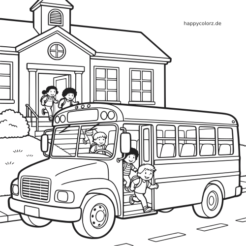 Ein Schulbus steht vor einem Schulgebäude, während mehrere Kinder aus der Bustür und über die Treppe nach draußen laufen.