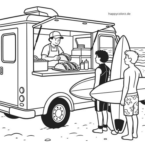 Ein Taco-Foodtruck am Strand verkauft Tacos an zwei Surfer mit Surfboards vor dem Meer.