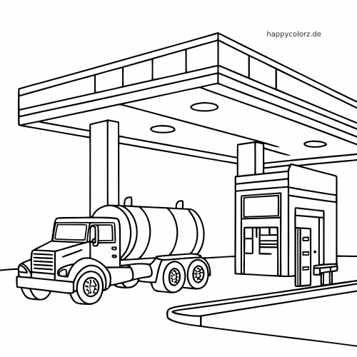 Ein einfacher Tanklastwagen steht neben einer Tankstelle mit Zapfsäule und großem Dach in klarer Linienzeichnung.