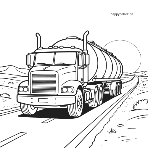 Ein Tanklastwagen fährt auf einer Wüstenstraße, im Hintergrund sind Berge und die tief stehende Sonne zu sehen.