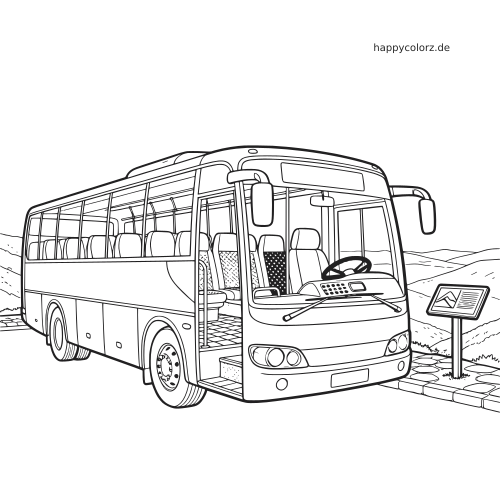 Ein detaillierter Reisebus steht an einem Aussichtspunkt, von vorn gezeigt mit offener Tür, Sitzen und einem Infoschild.