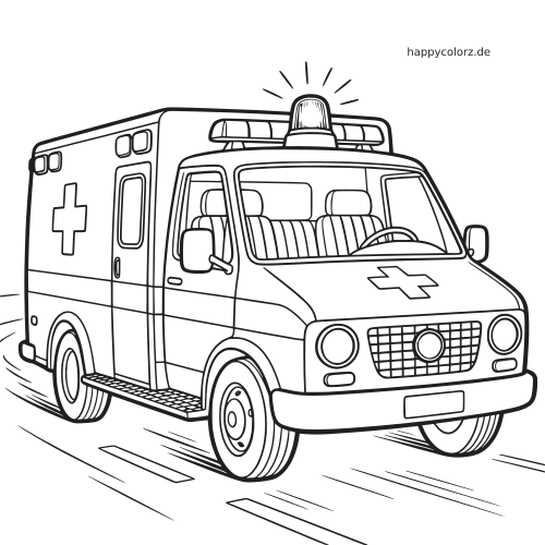 Ein detaillierter Krankenwagen fährt schnell auf der Straße, in Vorderansicht von schräg vorn mit leuchtendem Blaulicht auf dem Dach.