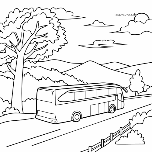Ein einfacher Reisebus fährt auf einer Bergstraße, von hinten gezeigt, mit Bäumen, Wolken und sanften Hügeln im Hintergrund.
