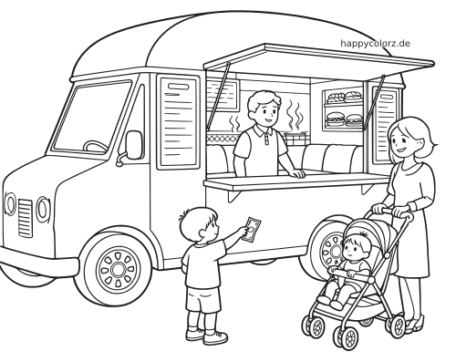 Ein Foodtruck bedient eine Familie: Ein Kind bezahlt am Verkaufsfenster, daneben steht ein Elternteil mit Kinderwagen.