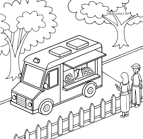 Ein Foodtruck aus schräger Vogelperspektive bei einem Straßenfestival, mit Bäumen, Zaun und zwei wartenden Personen.